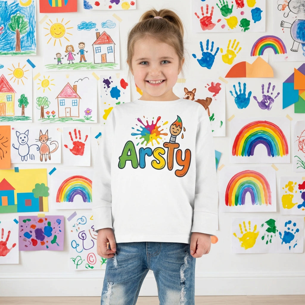 Youth's white long-sleeve crewneck T-shirt featuring a colorful graphic with the word 'Artsy' in multicolor letters, a paint splatter, and a paintbrush