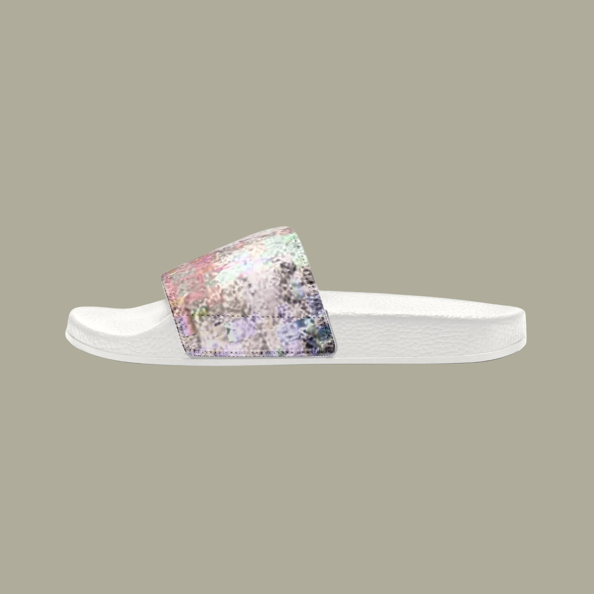 Youth white slide sandal with a wide strap covered in iridescent, multicolored sequins that shimmer with pink, blue, green, and purple hues