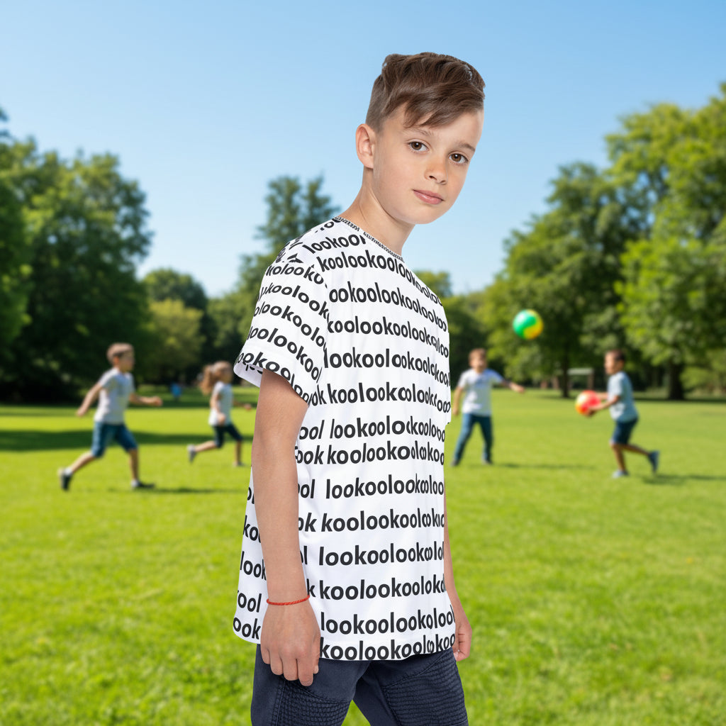 Youth black and white t-shirt with a repeating 'lookoolook' text pattern.