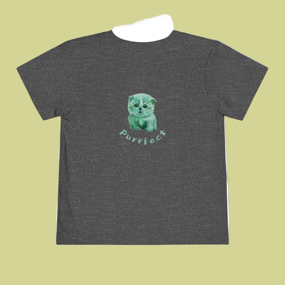 A dark heather gray short-sleeve t-shirt featuring a central graphic of a cute green kitten sitting above the word 'purrfect' in a light green script font