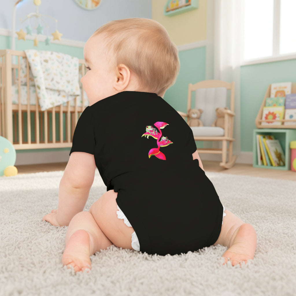 back of soft baby bodysuit in three colors