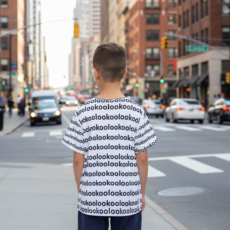 View from the back a white short-sleeve t-shirt with a black repeating 'lookoolookool' fun  pattern