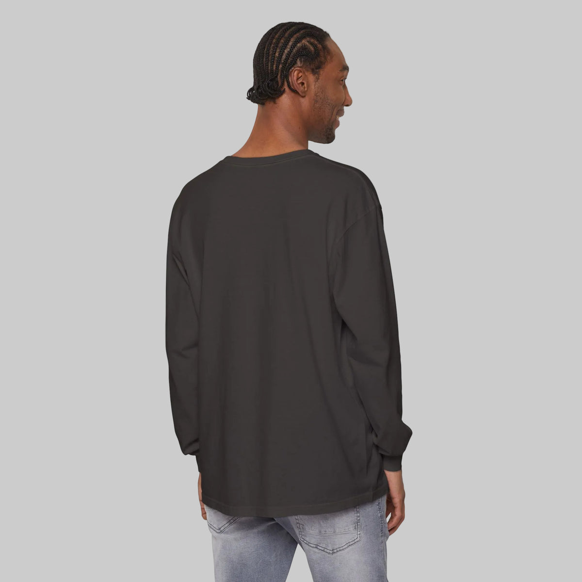 long sleeve tee in graphite color shown from back