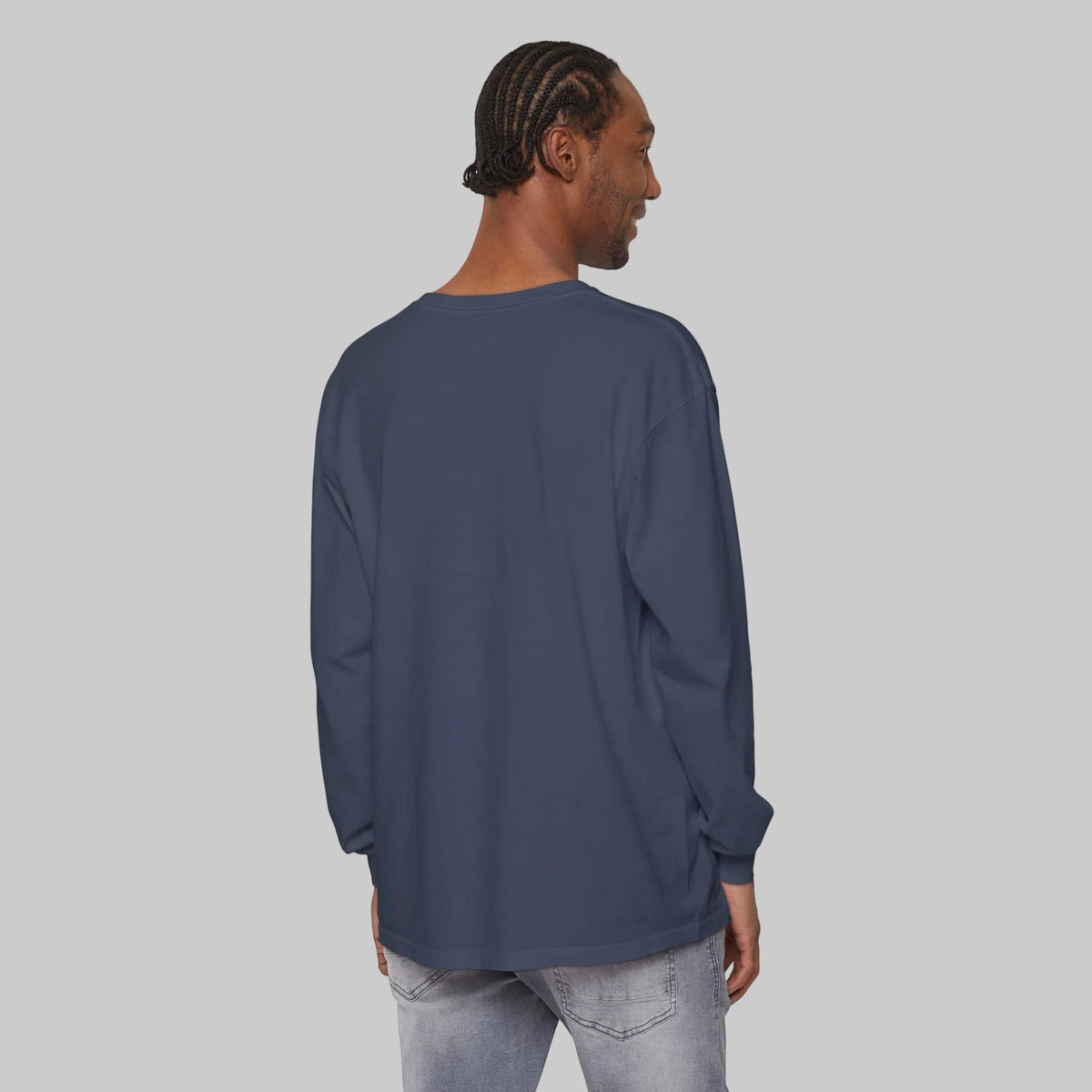 cotton Tee shown from back with long sleeves in midnight blue