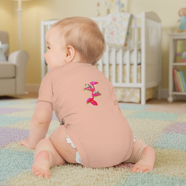back view of bodysuit for baby in pink, black and white
