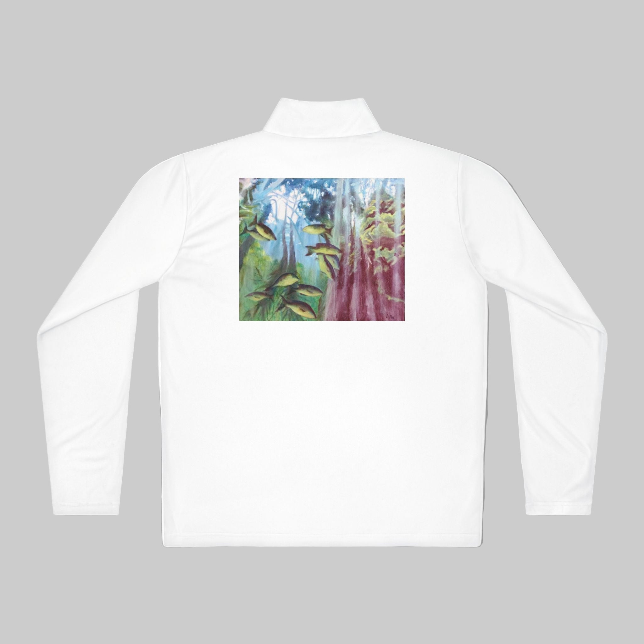White shirt with a colorful nature print on the chest pocket and a large underwater view on the back with fish