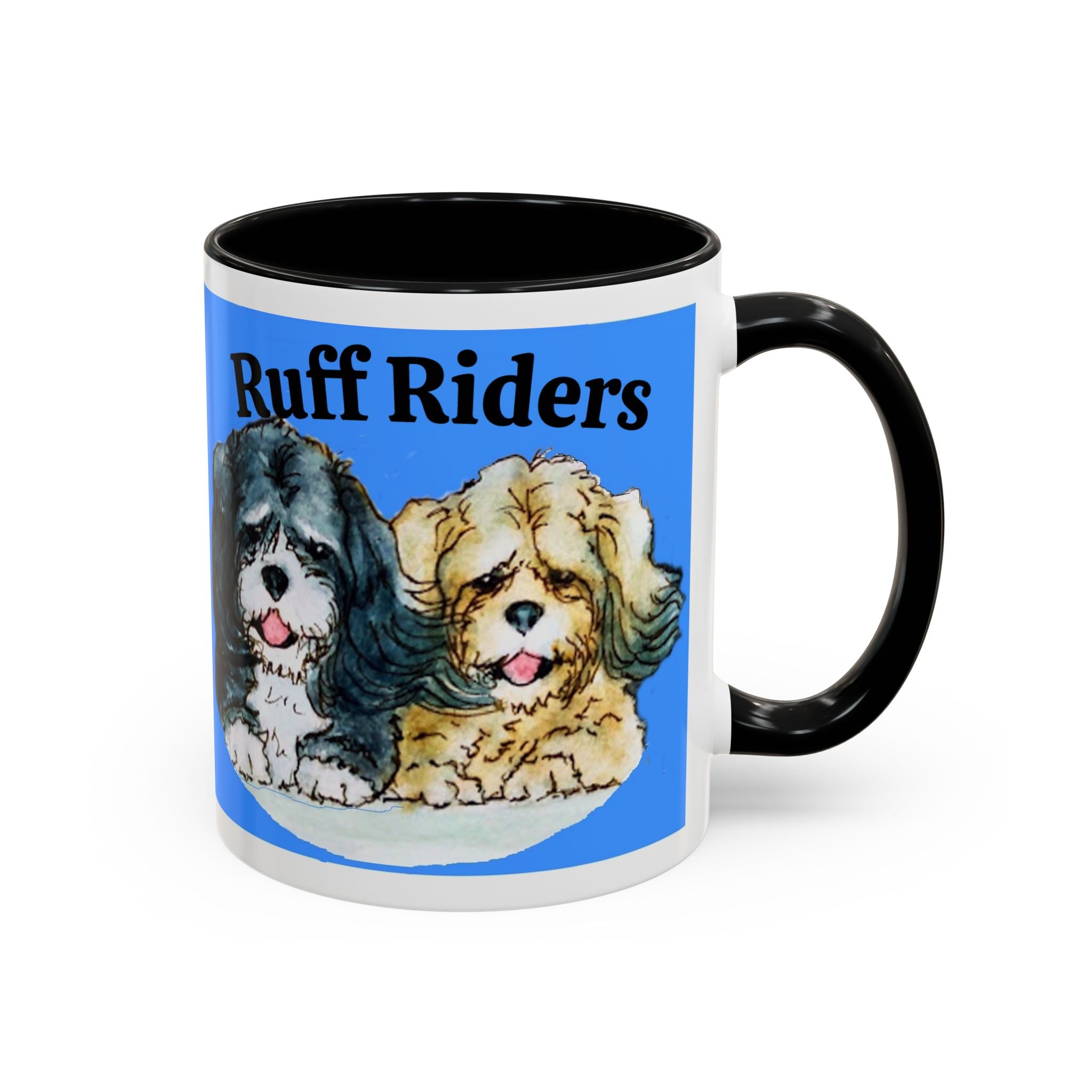 Mug with 'Ruff Riders' text and dog illustrations on a blue background
