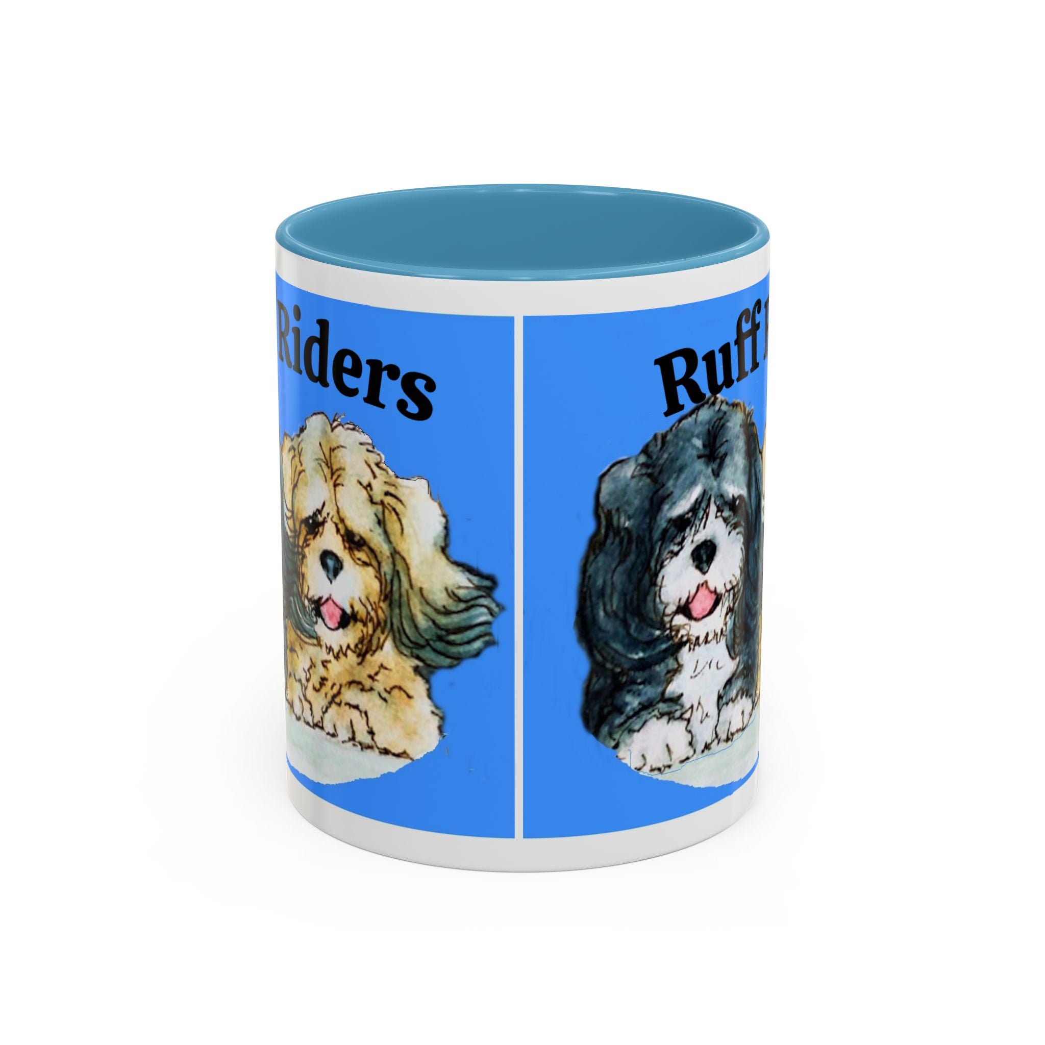 Mug with two dog illustrations and text on a blue background