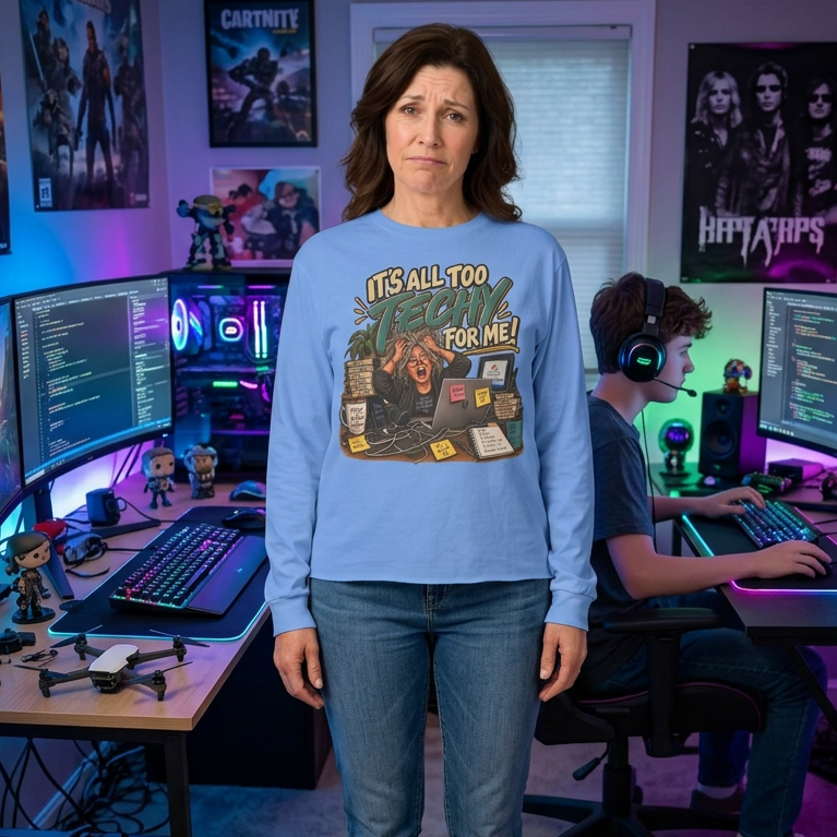 Carolina Blue long-sleeve tee with fun tech graphic