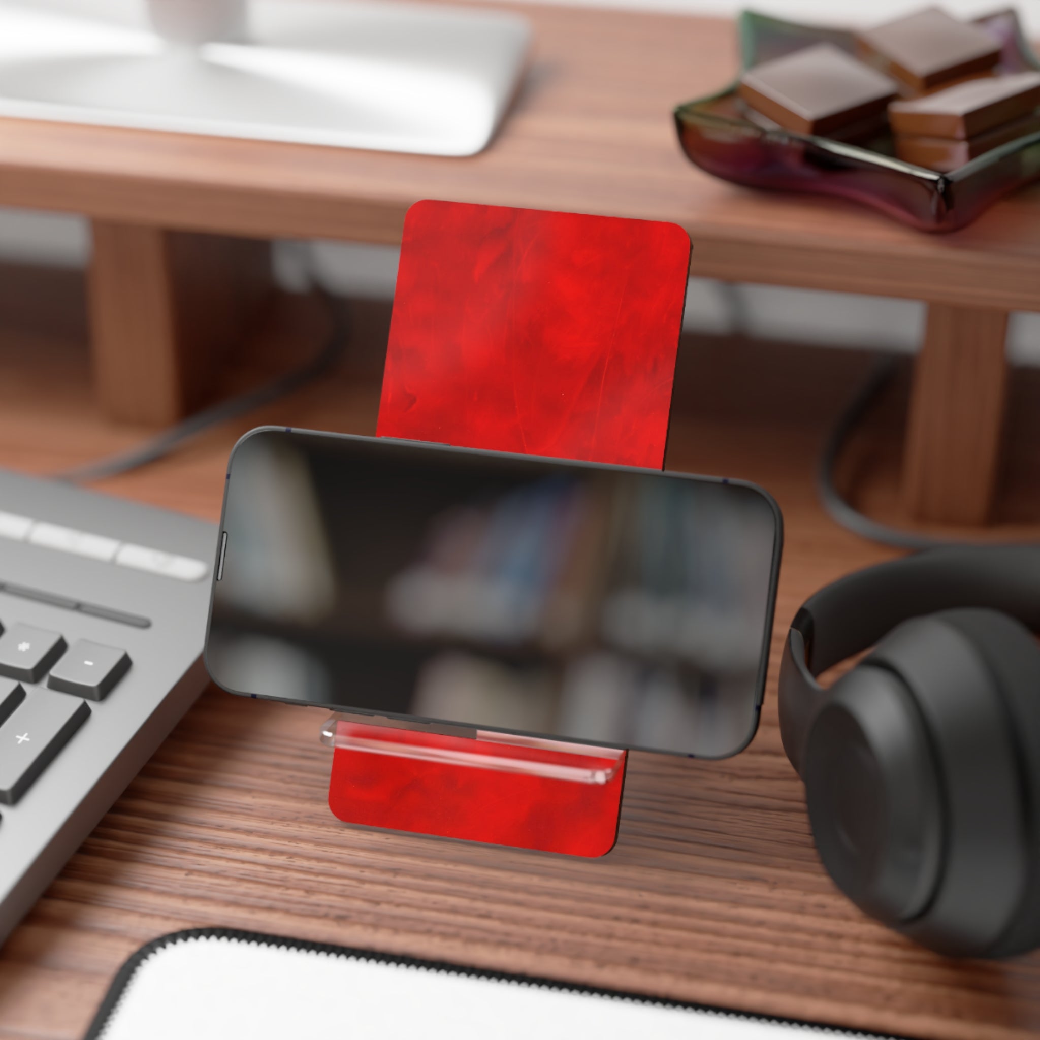 Phone stand with imitate red leather look