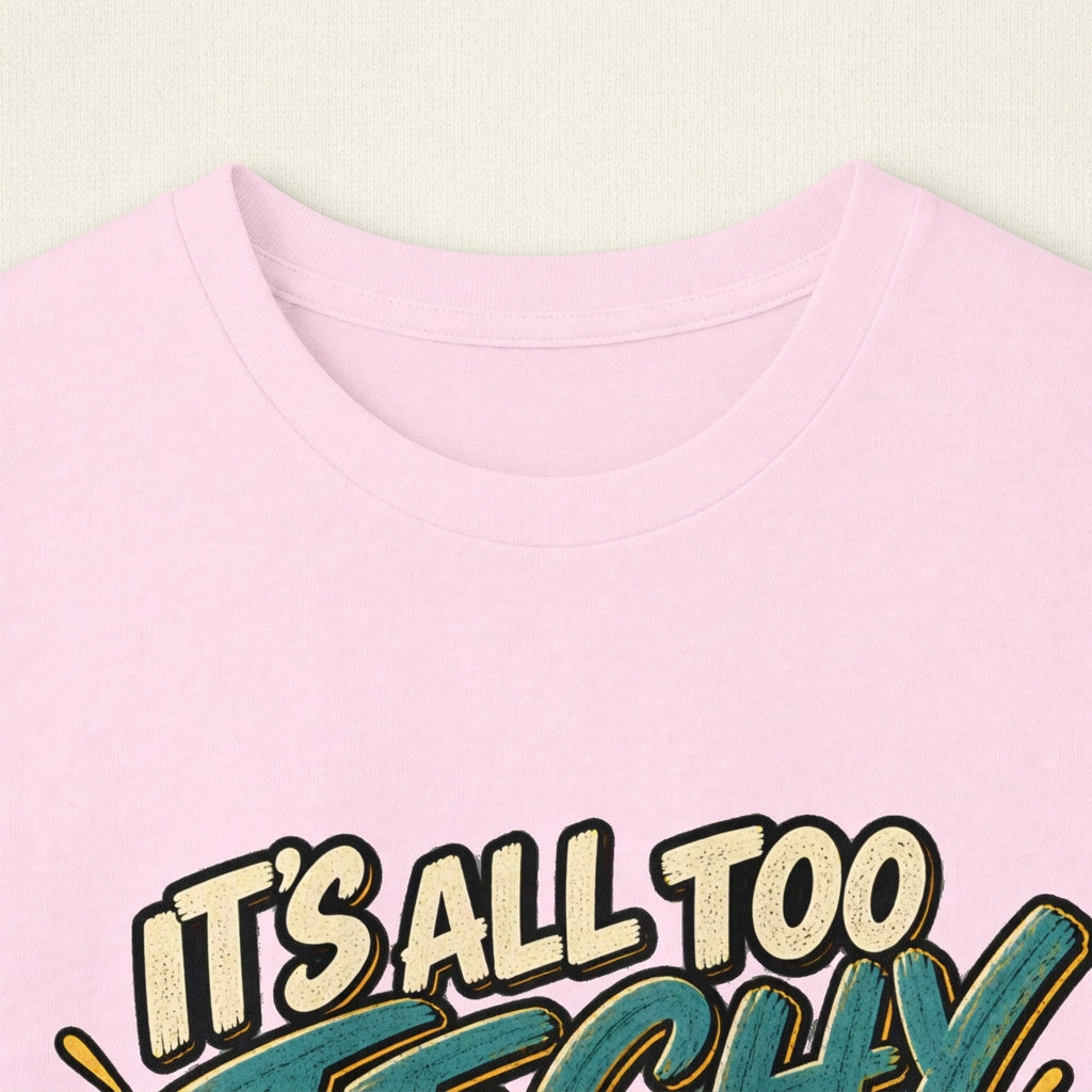 light pink t-shirt close-up's view of crew neckline and graphic