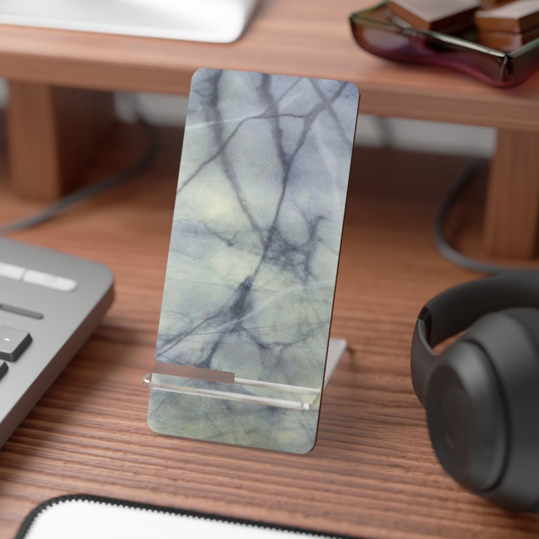 Grey Marble design phone stand sits convenient on a busy desk or anywhere - very sturdy