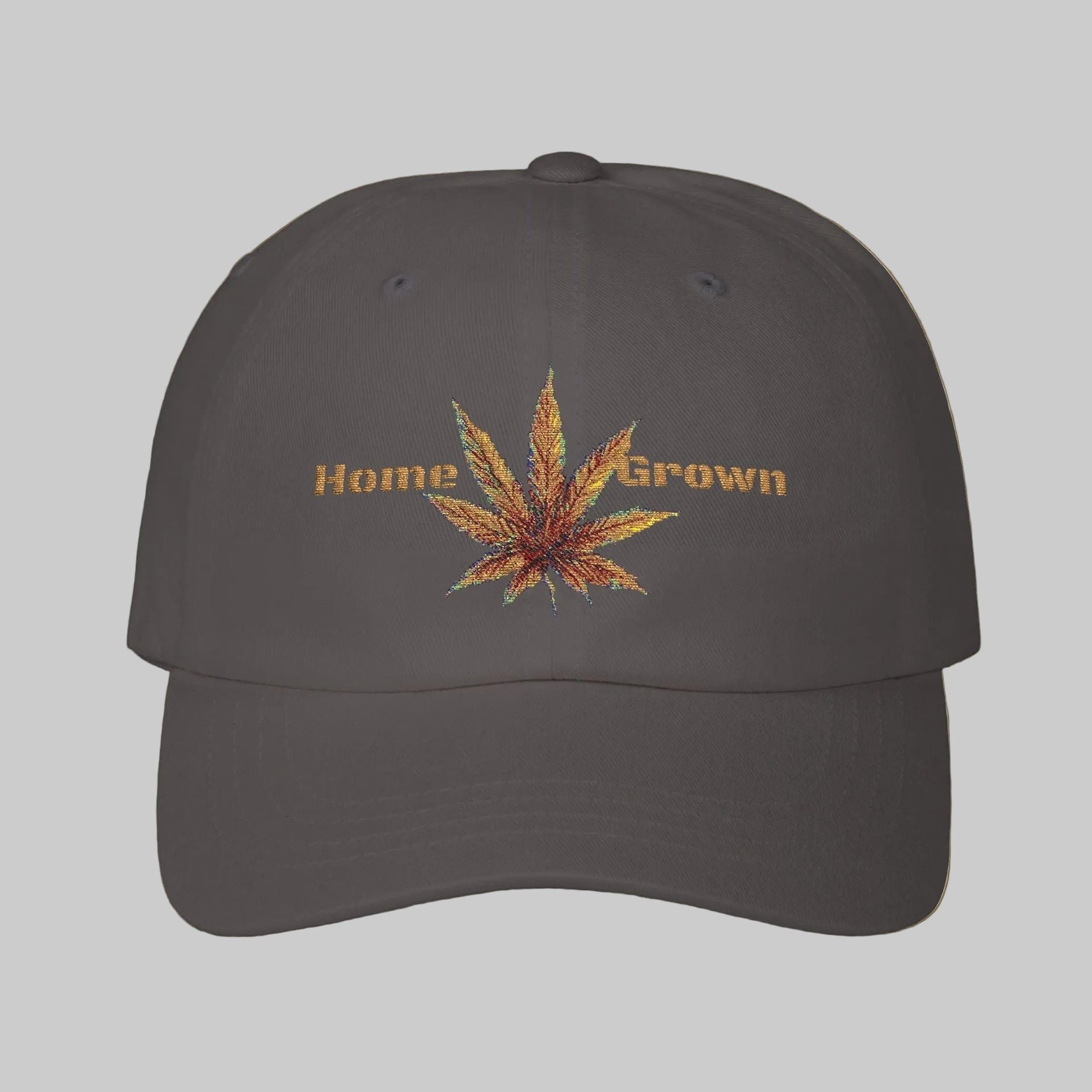 Dark gray dad's cap with textured look cannabis leaf and 'Home Grown' text 