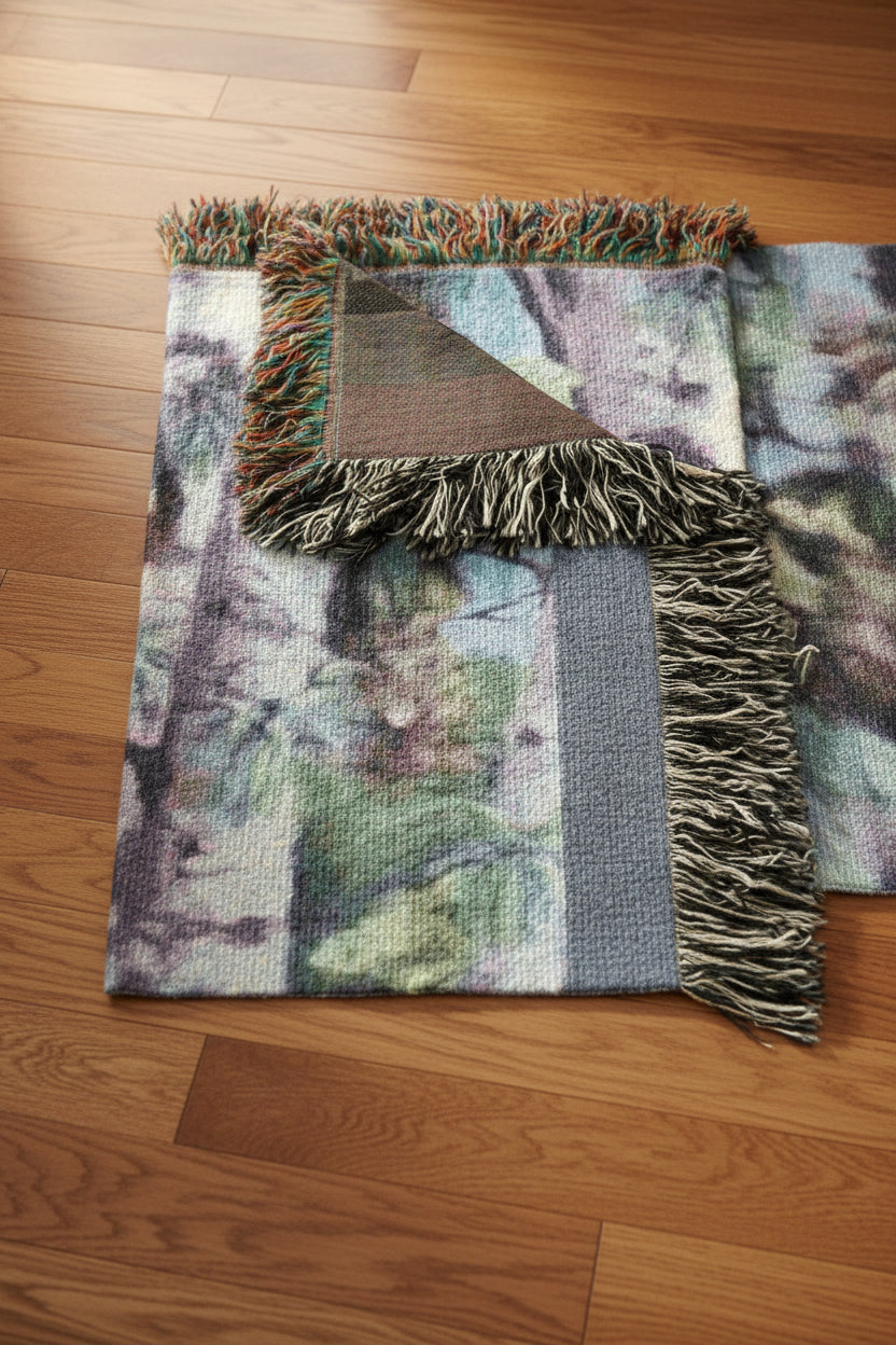 White Birch painting on a woven throw blanket with fringed edges 