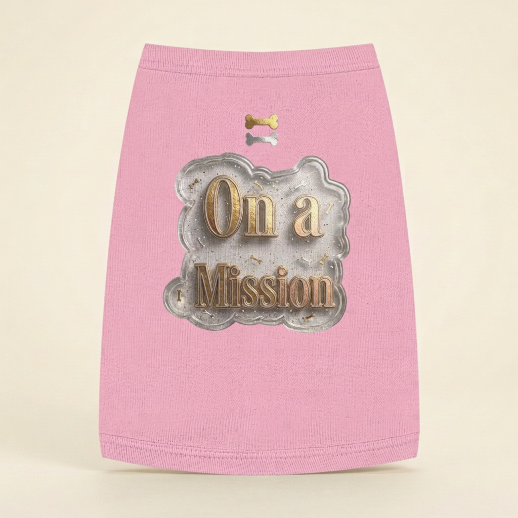 Pink dog tank top with gold-and-silver-look On a Mission lettering and two bone graphics on an ivory background.