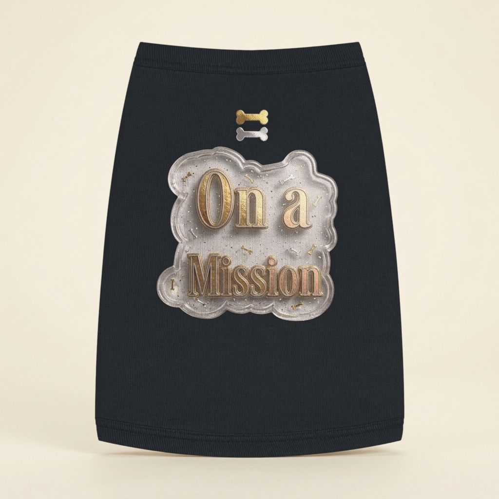 Black dog tank top with gold-and-silver-look On a Mission lettering and two bone graphics on an ivory background.