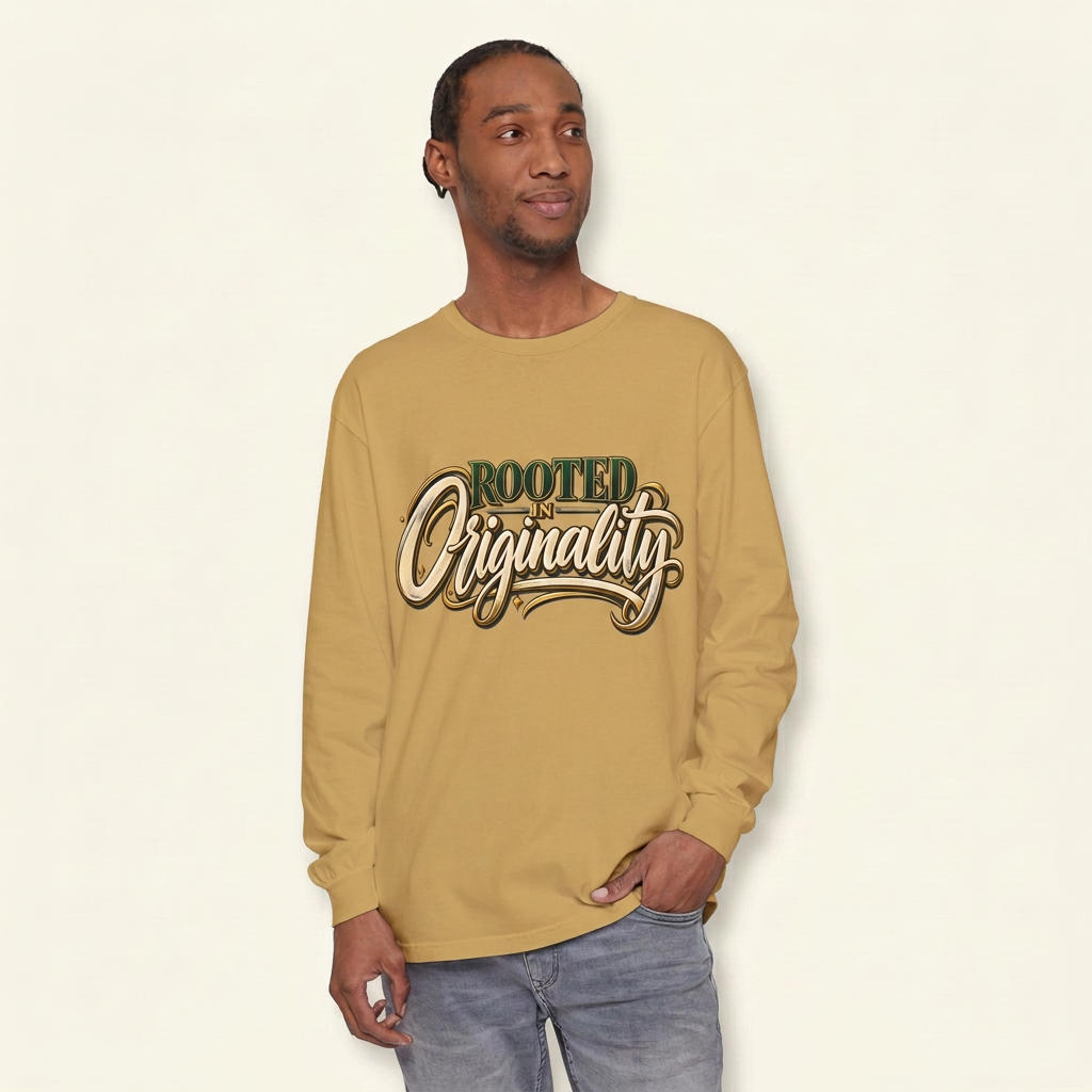 Man wearing a mustard gold long-sleeve tee with green, cream and gold-look Rooted in Originality lettering.