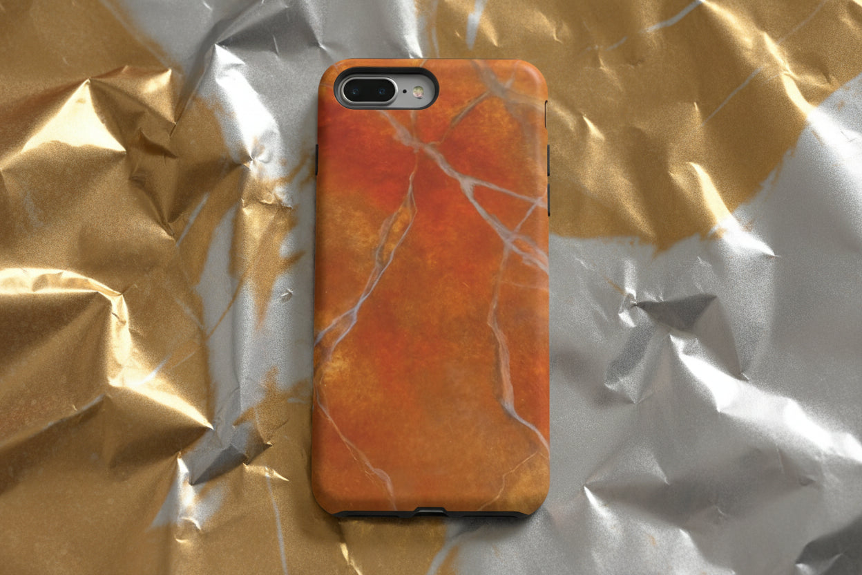 Phone case in sophisticated red orange marble design that is impact resistant tough in glossy or matte finish