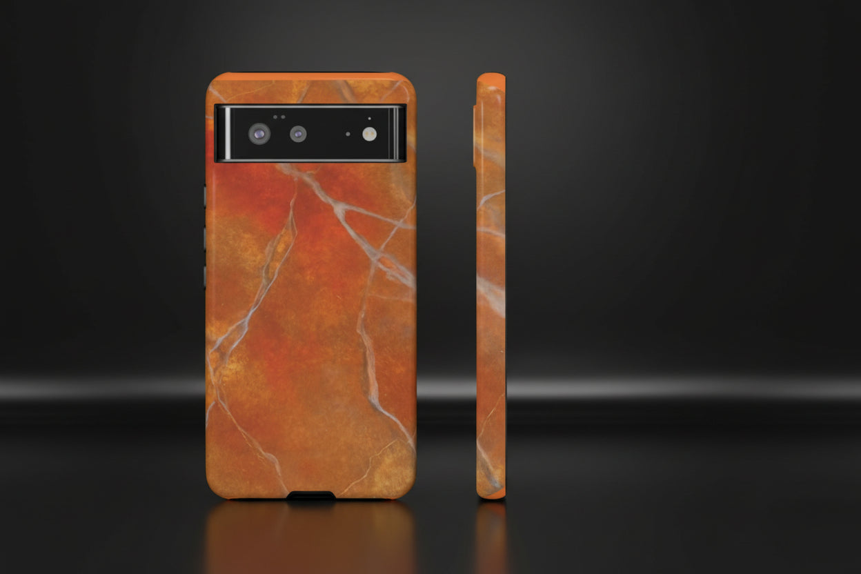 Phone case in sophisticated red orange marble design that is impact resistant tough in glossy or matte finish