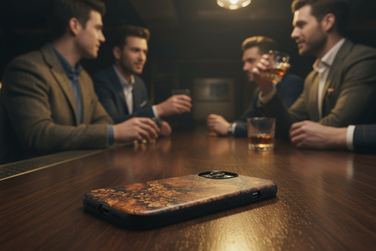 Magnetic iphone case with a natural Burl Wood Design compatible with MagSafe accessories in tough Dual Layer Shell