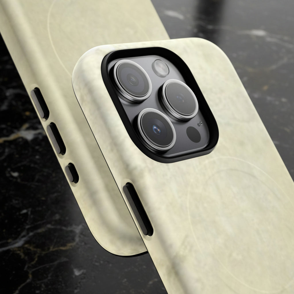 Close-up of a silver vintage design iphone case - dual layer construction - shock absorption - silicone liner