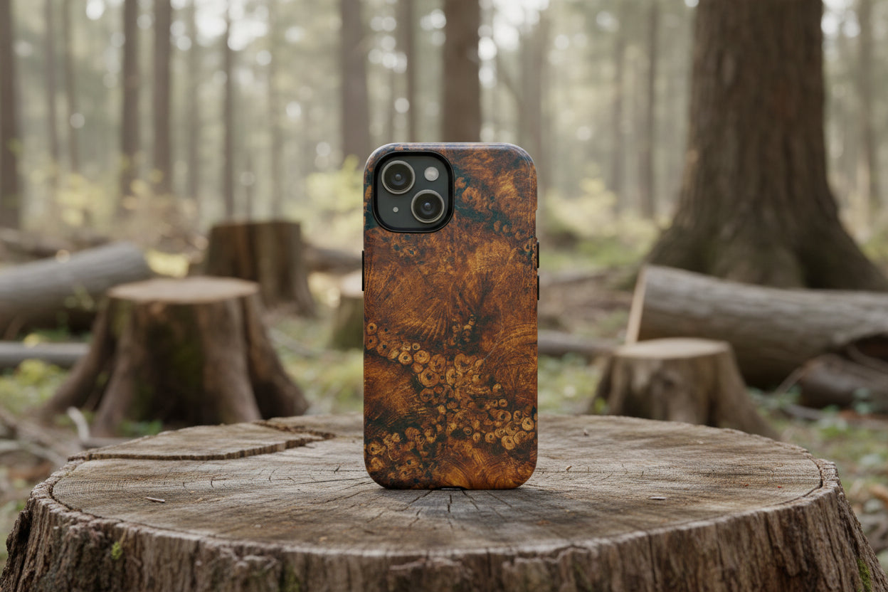 Magnetic iphone case with a natural Burl Wood Design compatible with MagSafe accessories in tough Dual Layer Shell