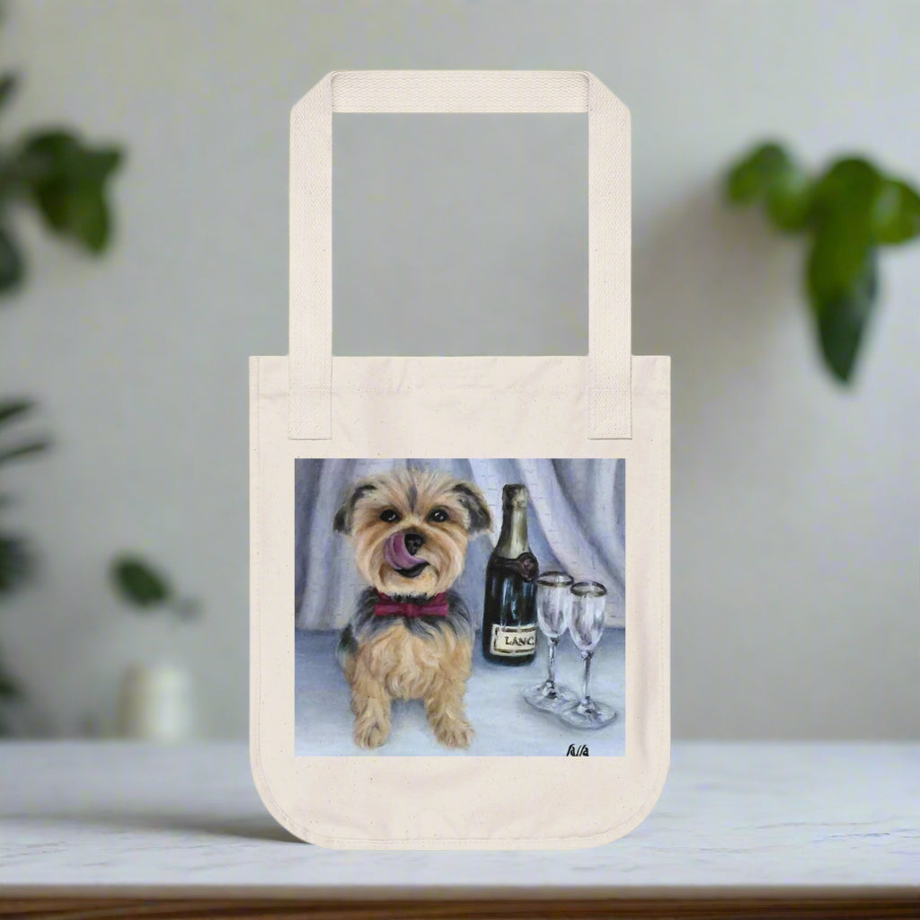 Canvas tote bag with a dog and champagne design -100% organic cotton