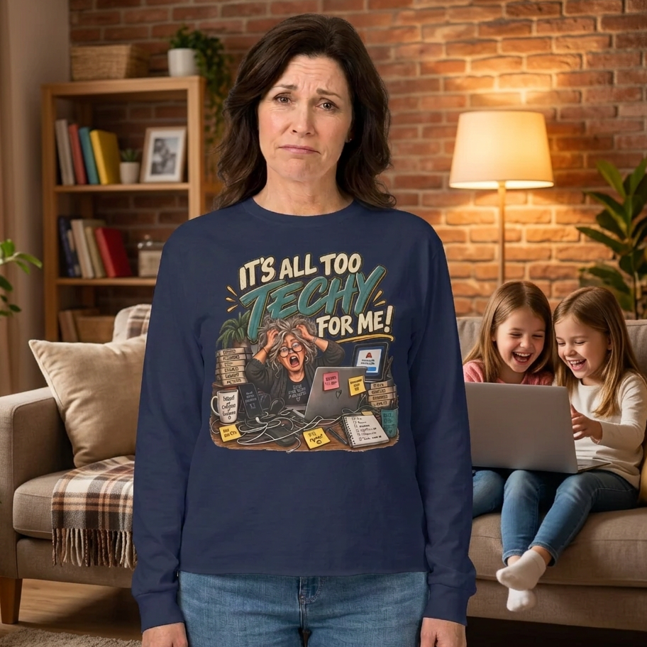 Navy long-sleeve tee with no side seams 100 % cotton with fun graphic for non-techies