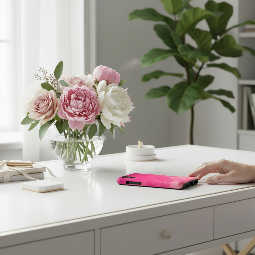 phone case in glossy or matte Hot Pink Marble Design with UV and impact resistance protection