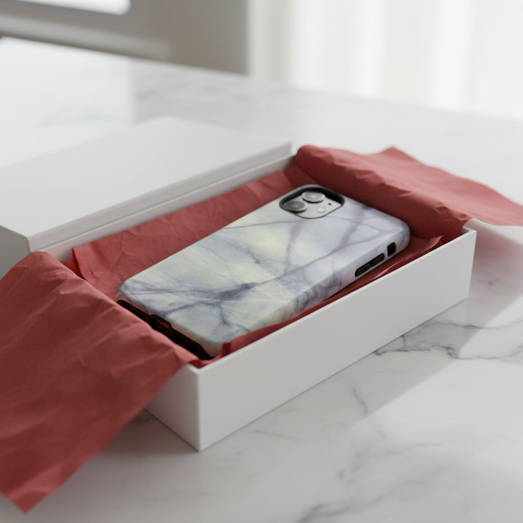 Phone case in impressive grey marble design with shock absorbing dual layer shell and UV resistance in 3D wrap