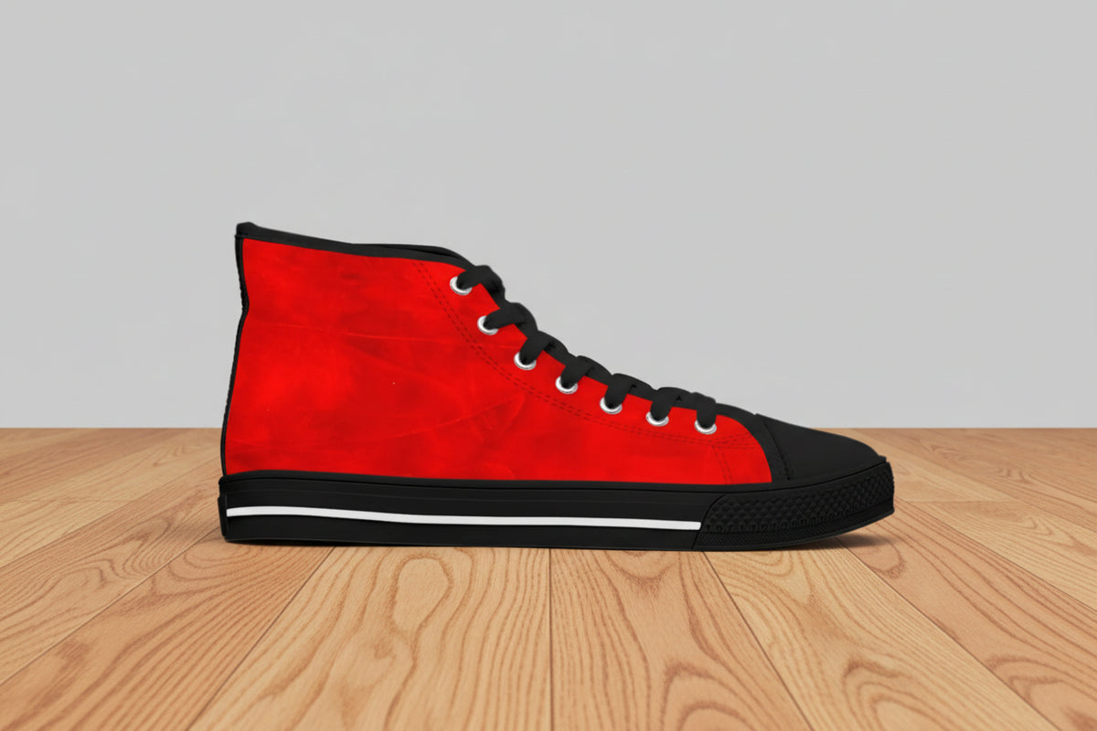 men's and women's trendy high top sneaker in red abstract design and black accents is durable comfort while being eye catching
