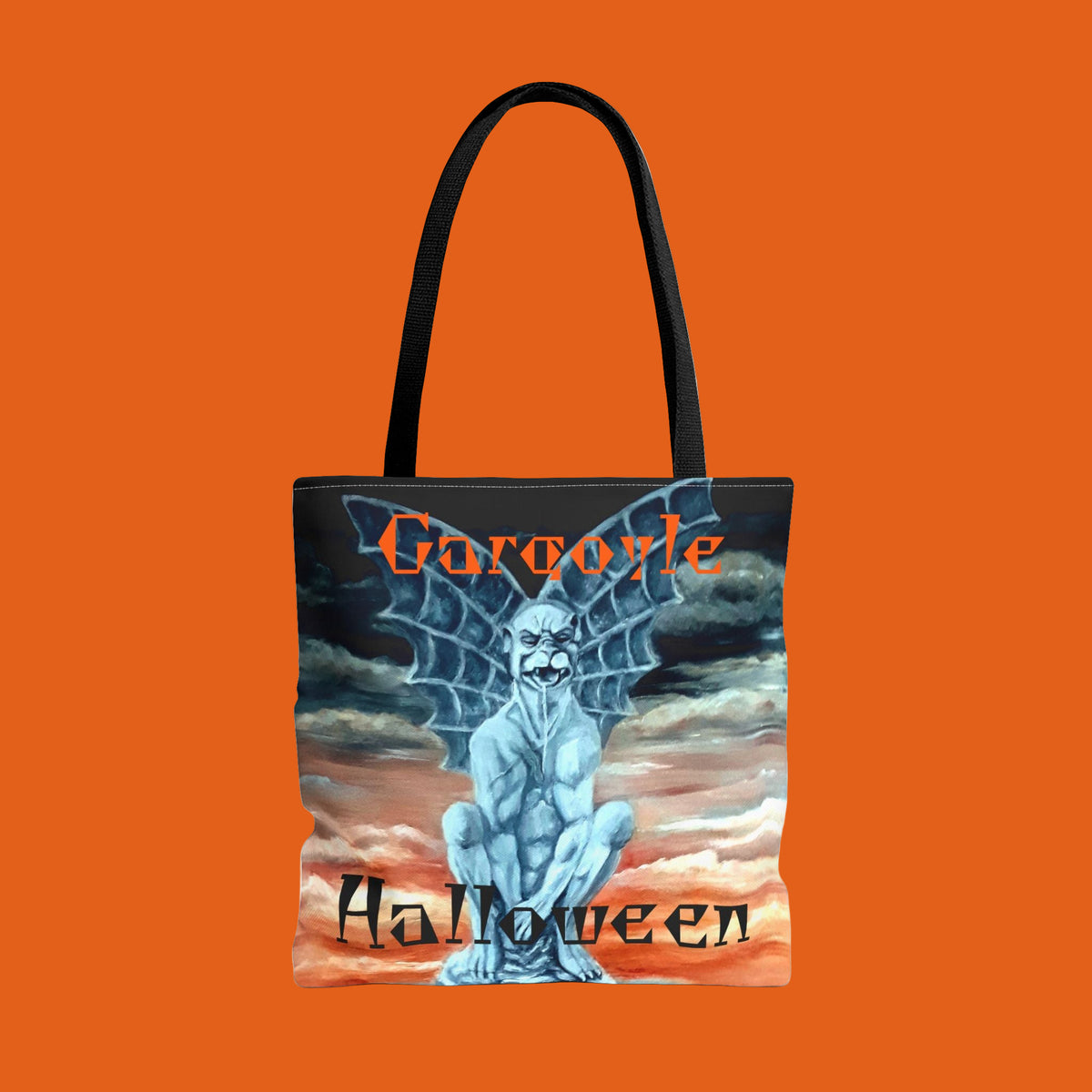 Tote bag with a painted gargoyle design and 'Halloween' text in 3 sizes