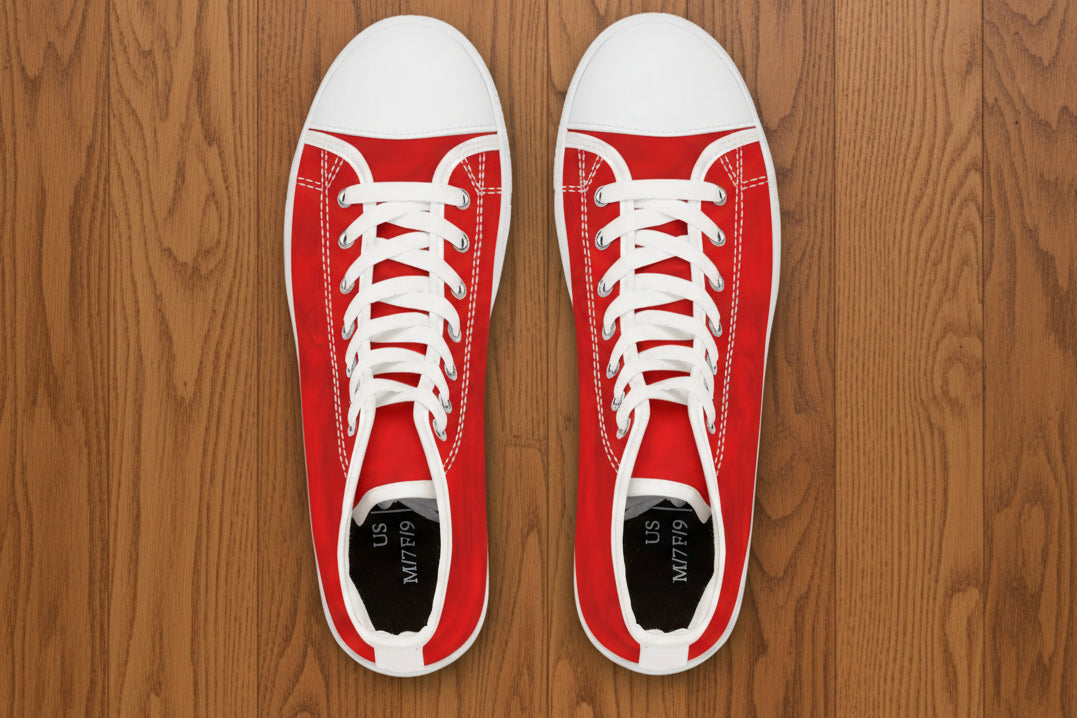 Polyester red canvas high-top sneakers with white toe caps, white laces, and white stitching, shown from a top-down view to wear all day any where your day takes you in comfort