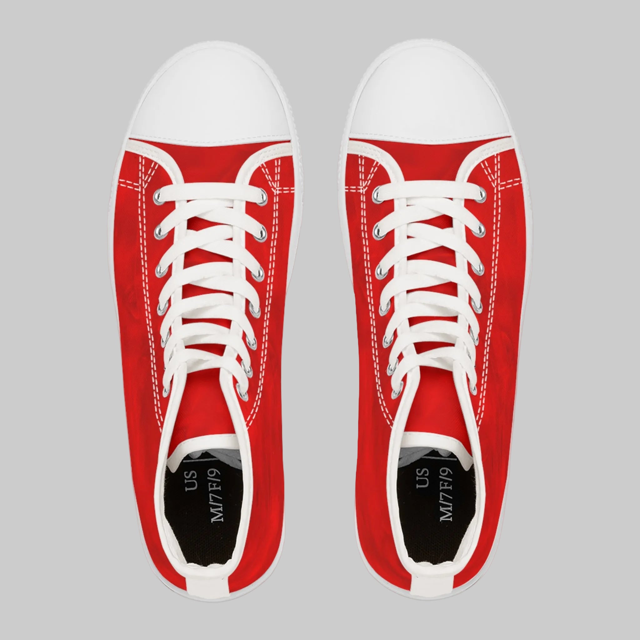 Polyester red canvas high-top sneakers with white toe caps, white laces, and white stitching, shown from a top-down view to wear all day any where your day takes you in comfort